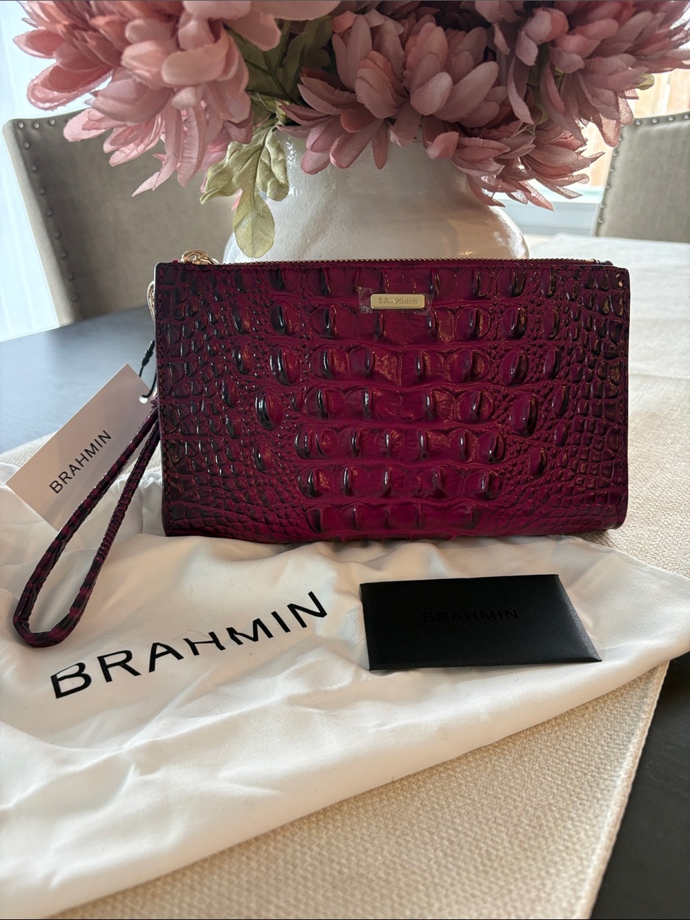 Brahmin Deep Plum Croc-Embossed Leather Wristlet